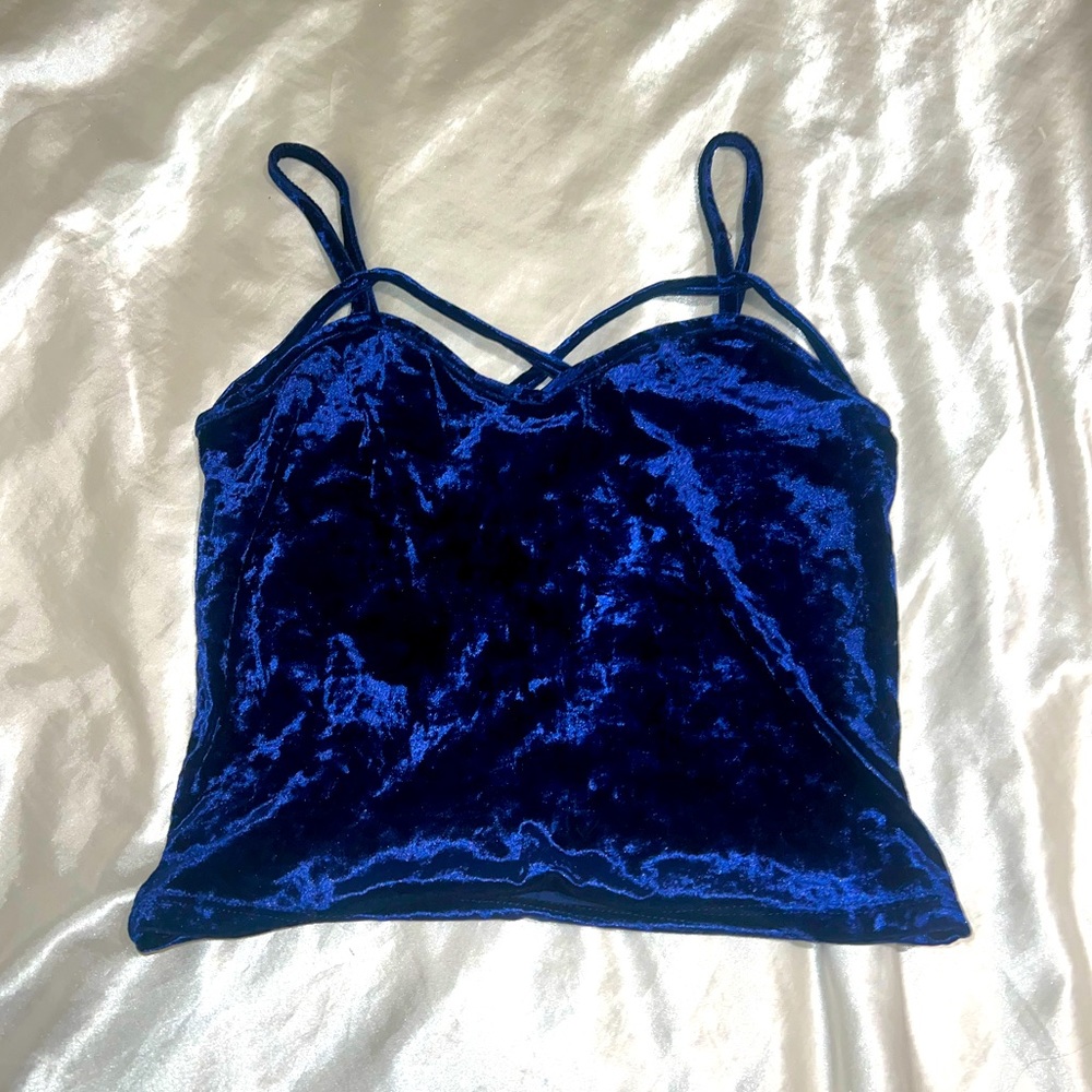 🎉5FOR25 blue criss cross velvet tank